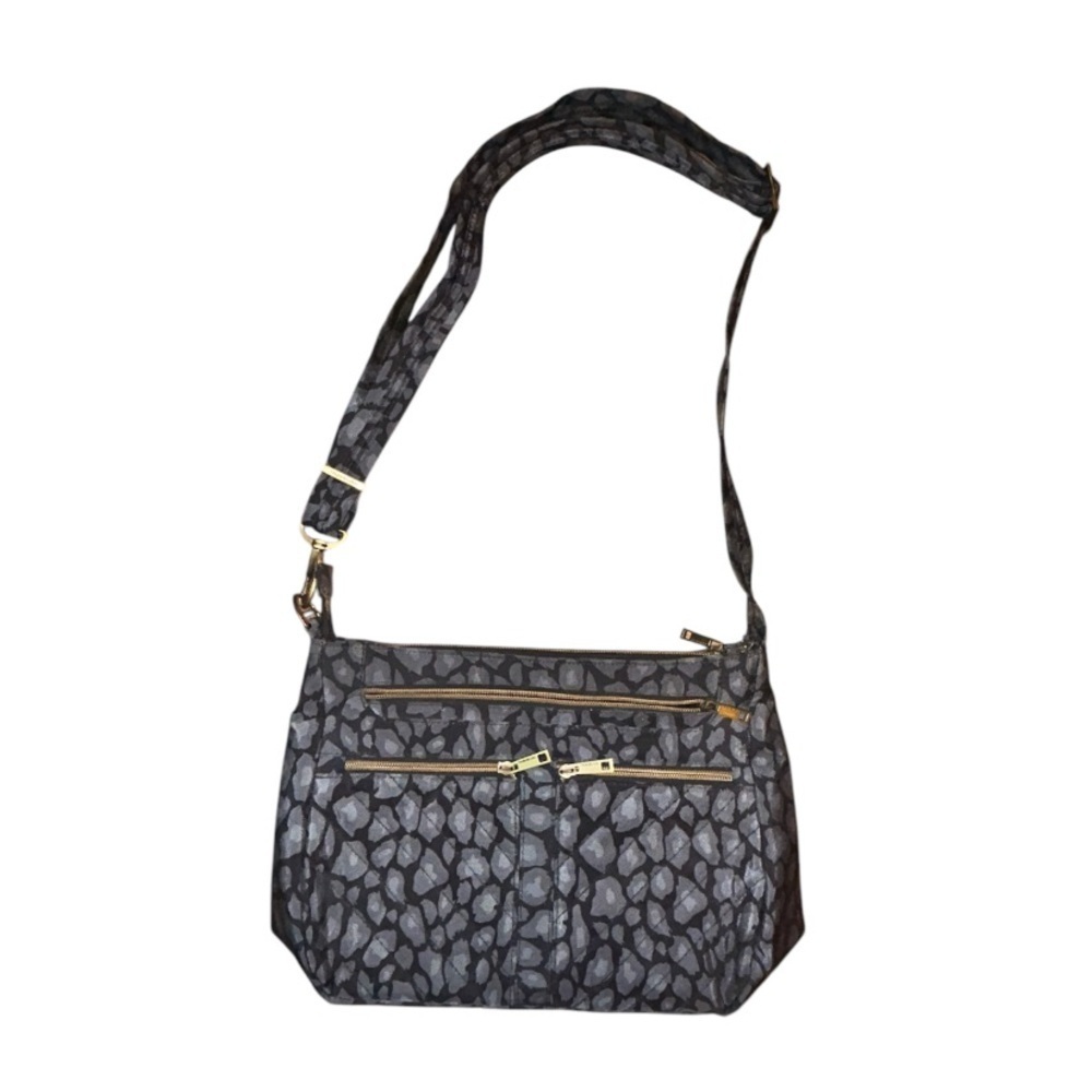 Travelon Anti-Theft Classic Crossbody Bag Grey Black Leopard Print Gold RFID
